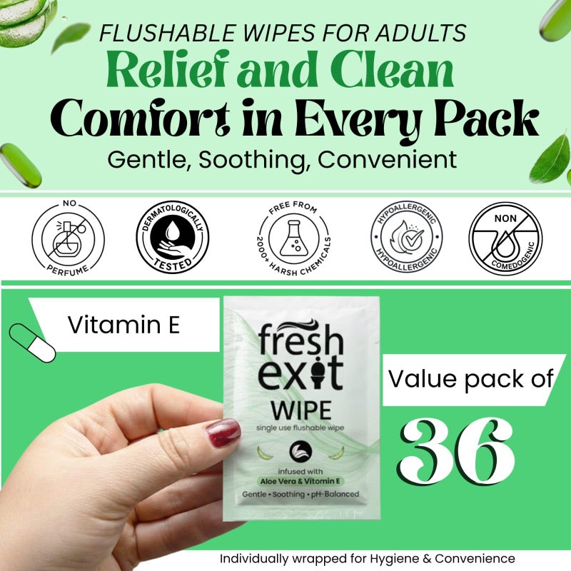 FreshExit Flushable Wipes for Adults â€“ 36 Individually Wrapped Biodegradable Wet Wipes, Travel Size, Extra-Large Unscented, hypoallergenic â€“ Feminine Hygiene & Personal Care Wipes - Image 2